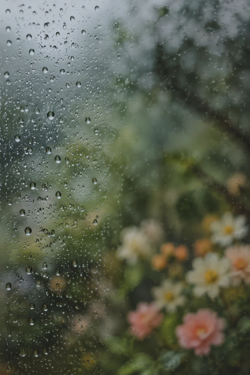 Rain Drops on Window with Blurred Garden