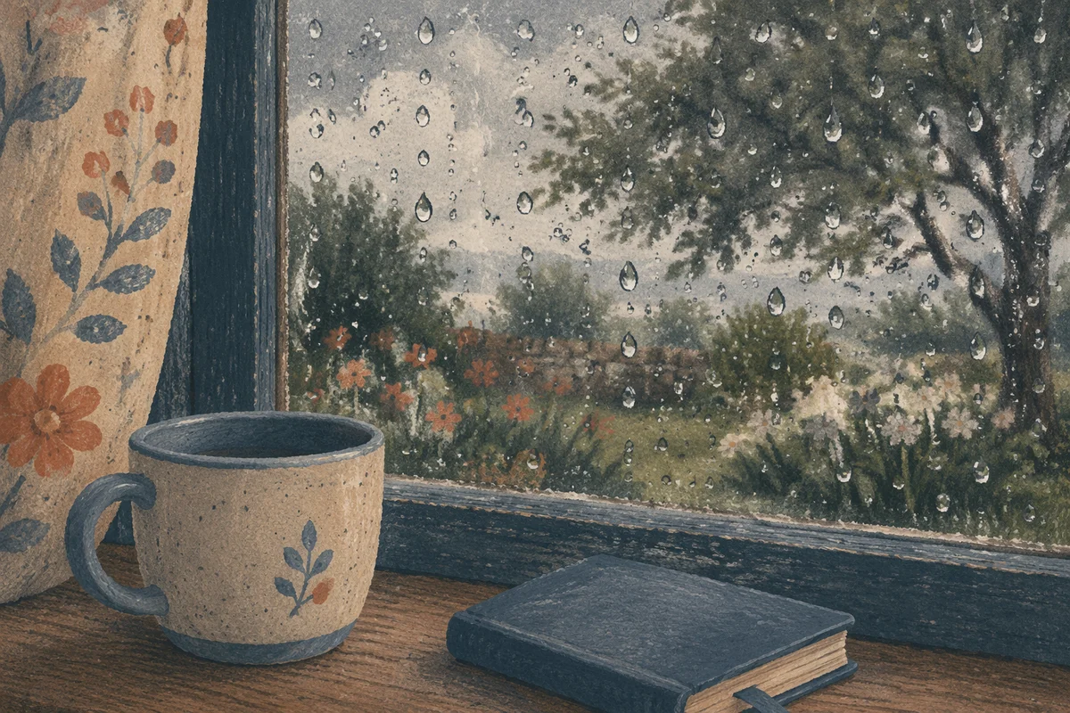 Rain Drops on Window with Quiet Morning Garden
