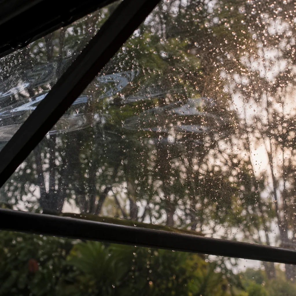 Rain Drops on Window with Blurred Trees