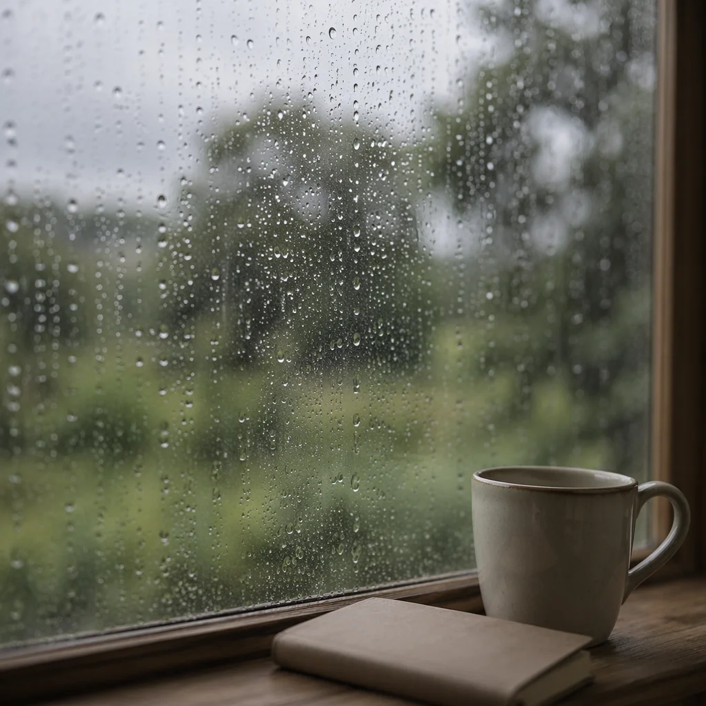 Rain Drops on Window in Morning Light