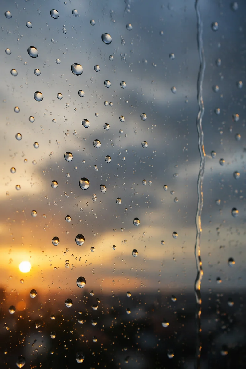 Rain Droplets on Window at Golden Hour