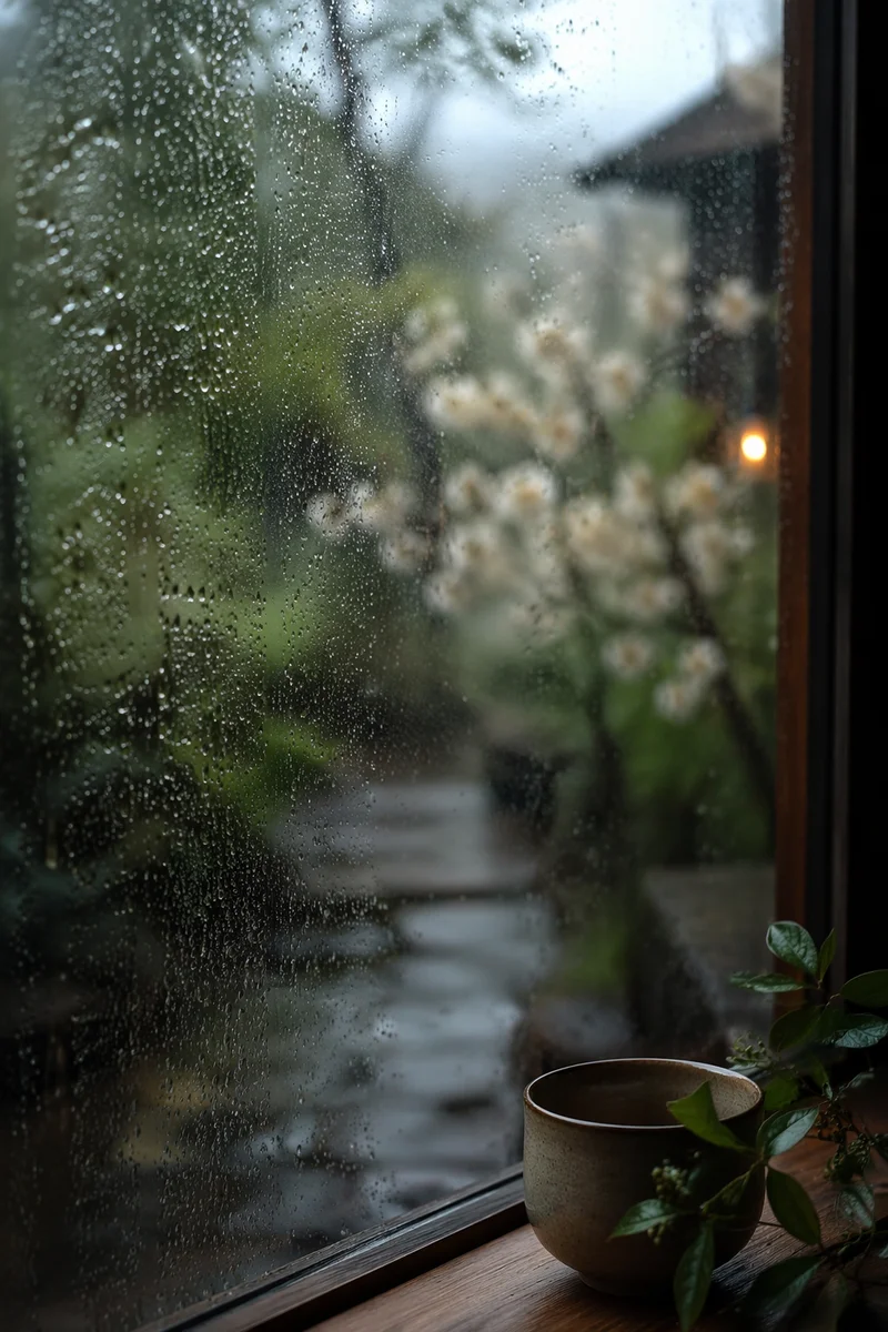 Rain Droplets on Fogged Garden Window