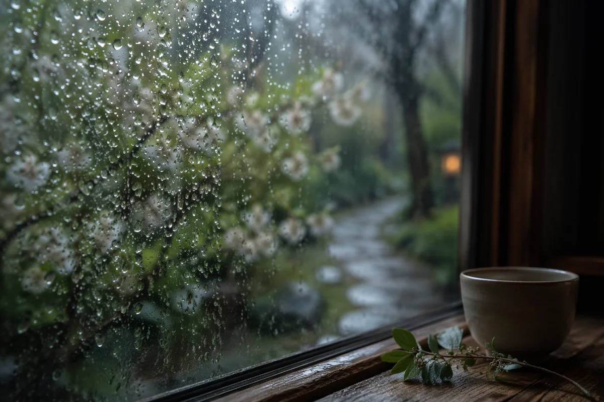 Rain Droplets on Window with Blurred Garden