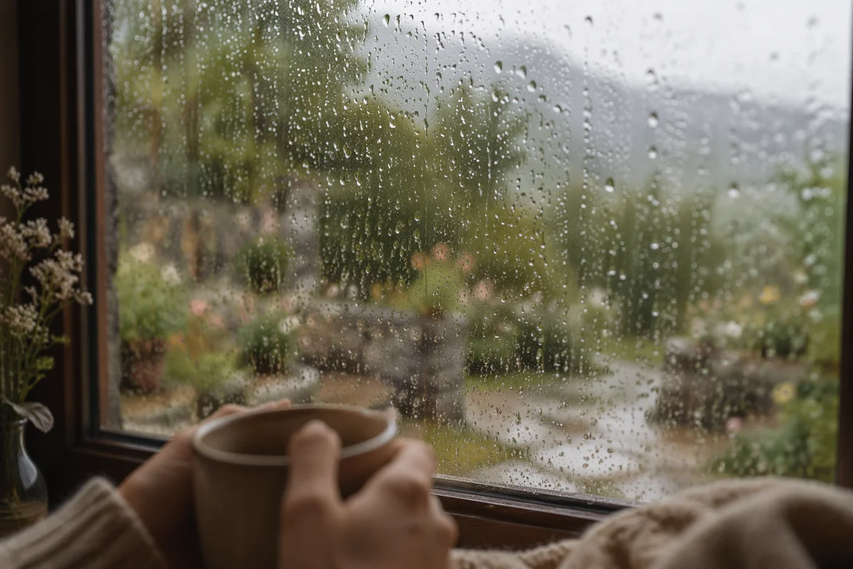 Rain Droplets on Window in Quiet Reflection