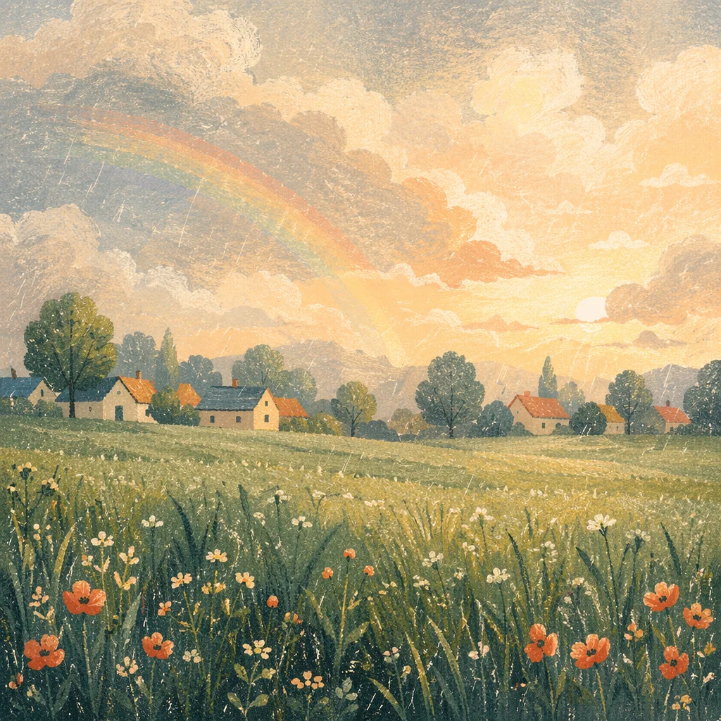 Rainbow Over Green Field After Rain