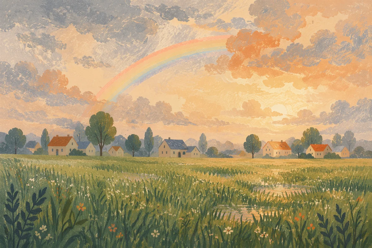 Rainbow Over Green Field After Rain