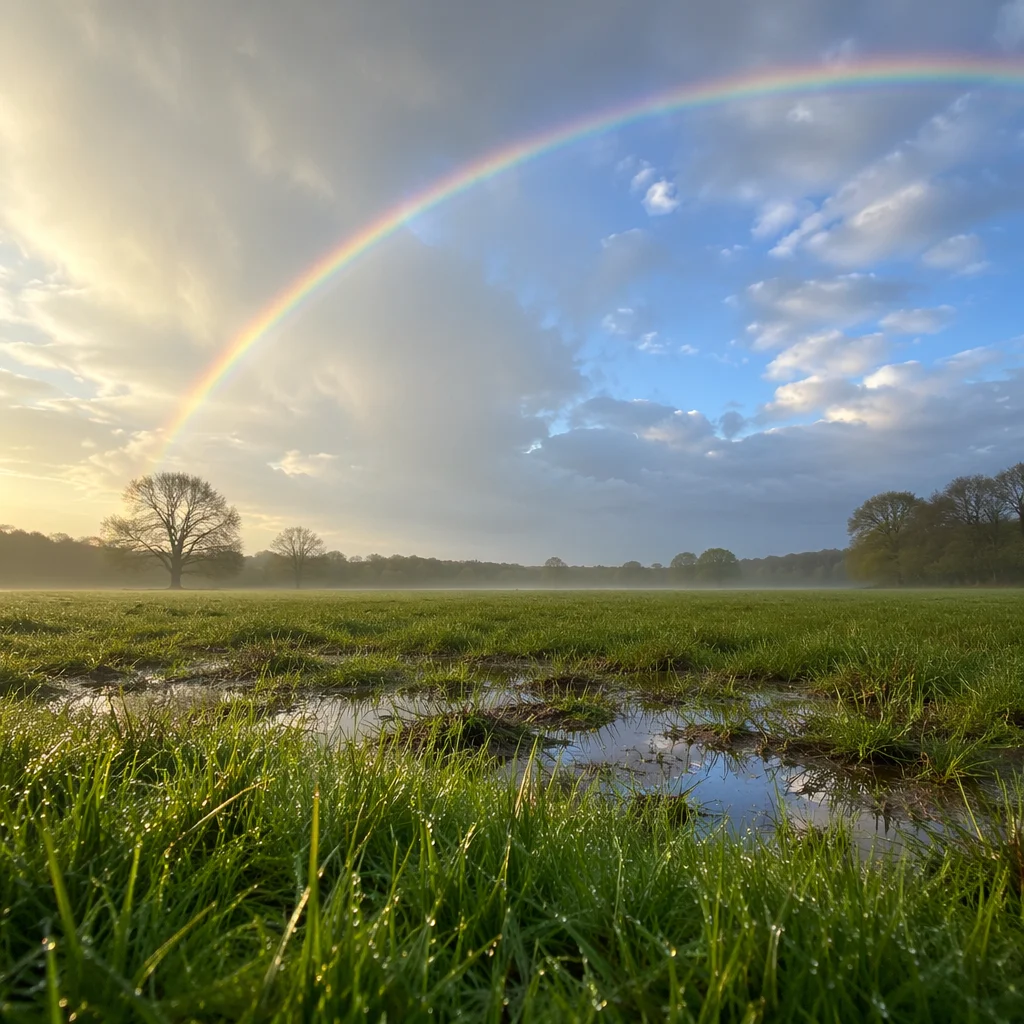 Rainbow Over Green Field After Rain