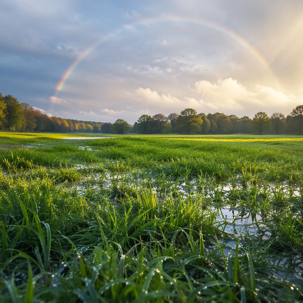 Hopeful Rainbow Over Rain-Washed Green Field