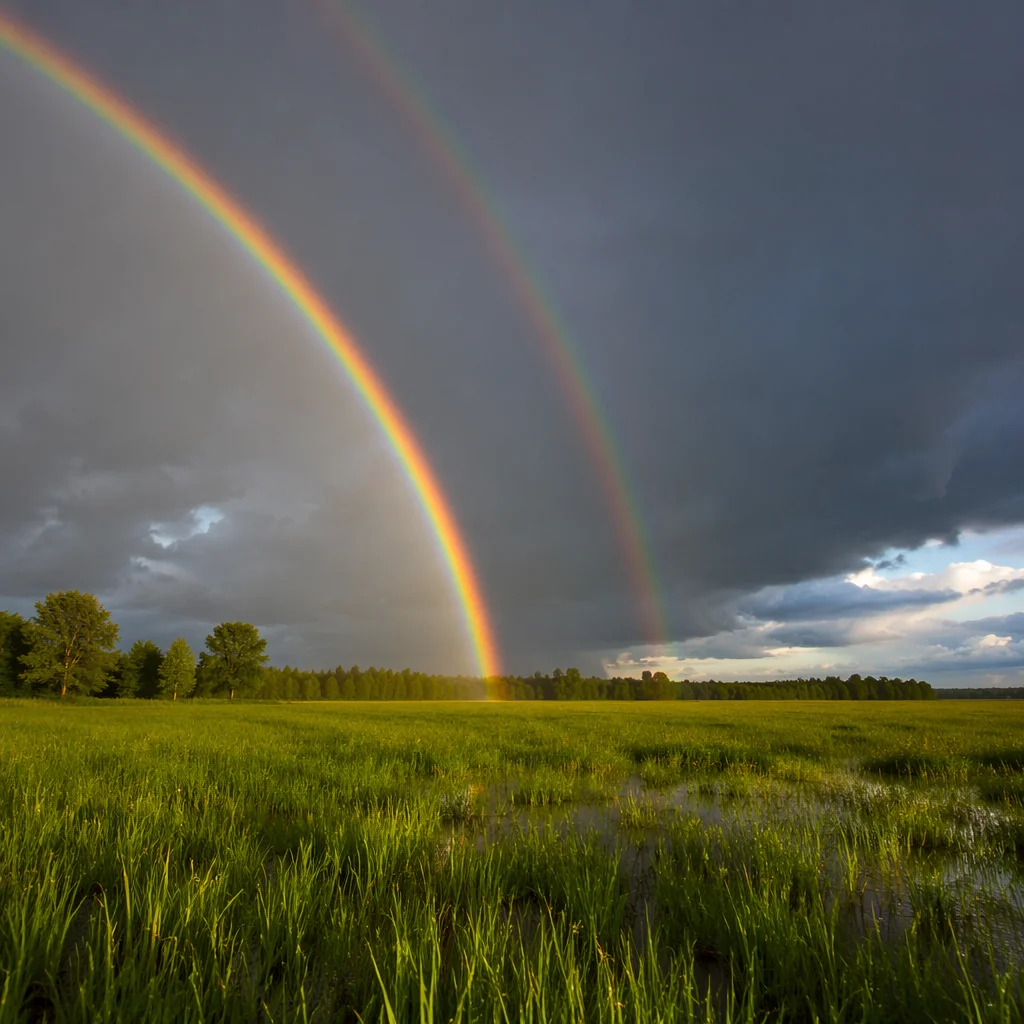 Hopeful Double Rainbow Over Green Field