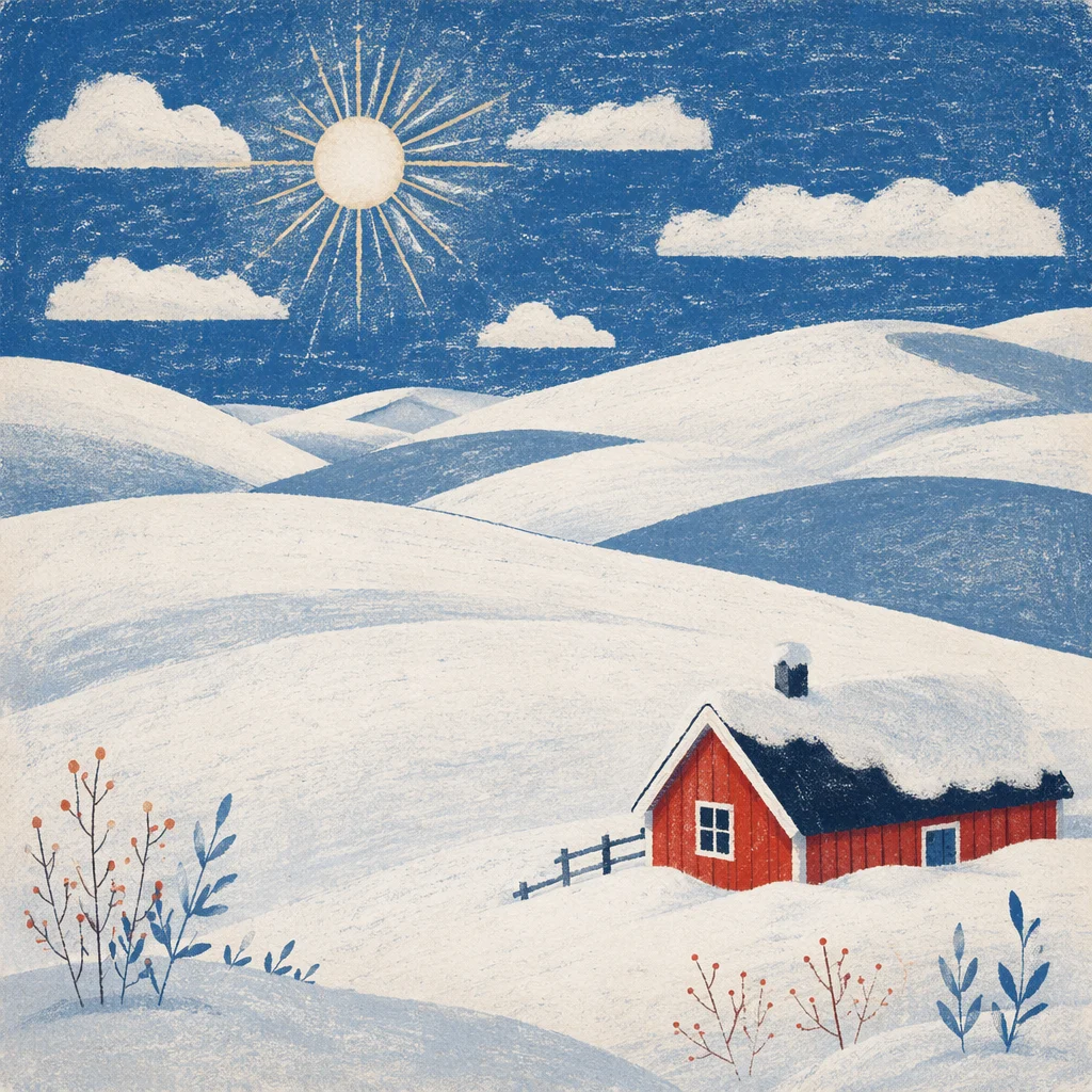 Serene Snowy Hills With Red Cabin