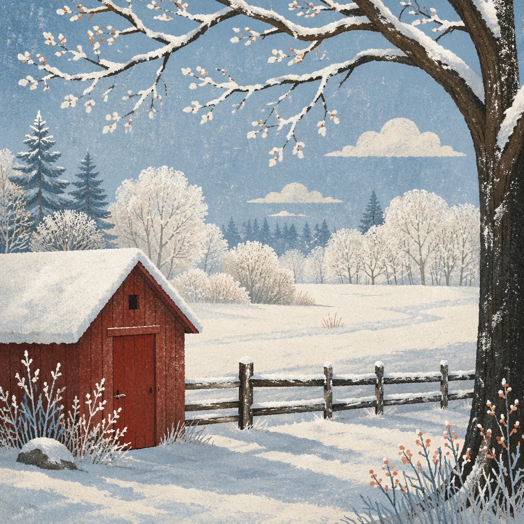 Snowy Winter Countryside with Red Shed