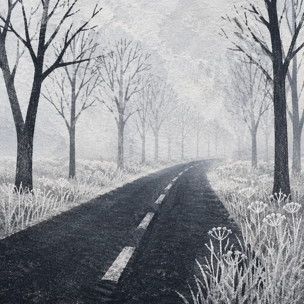 Foggy Winter Road Through Frosted Trees