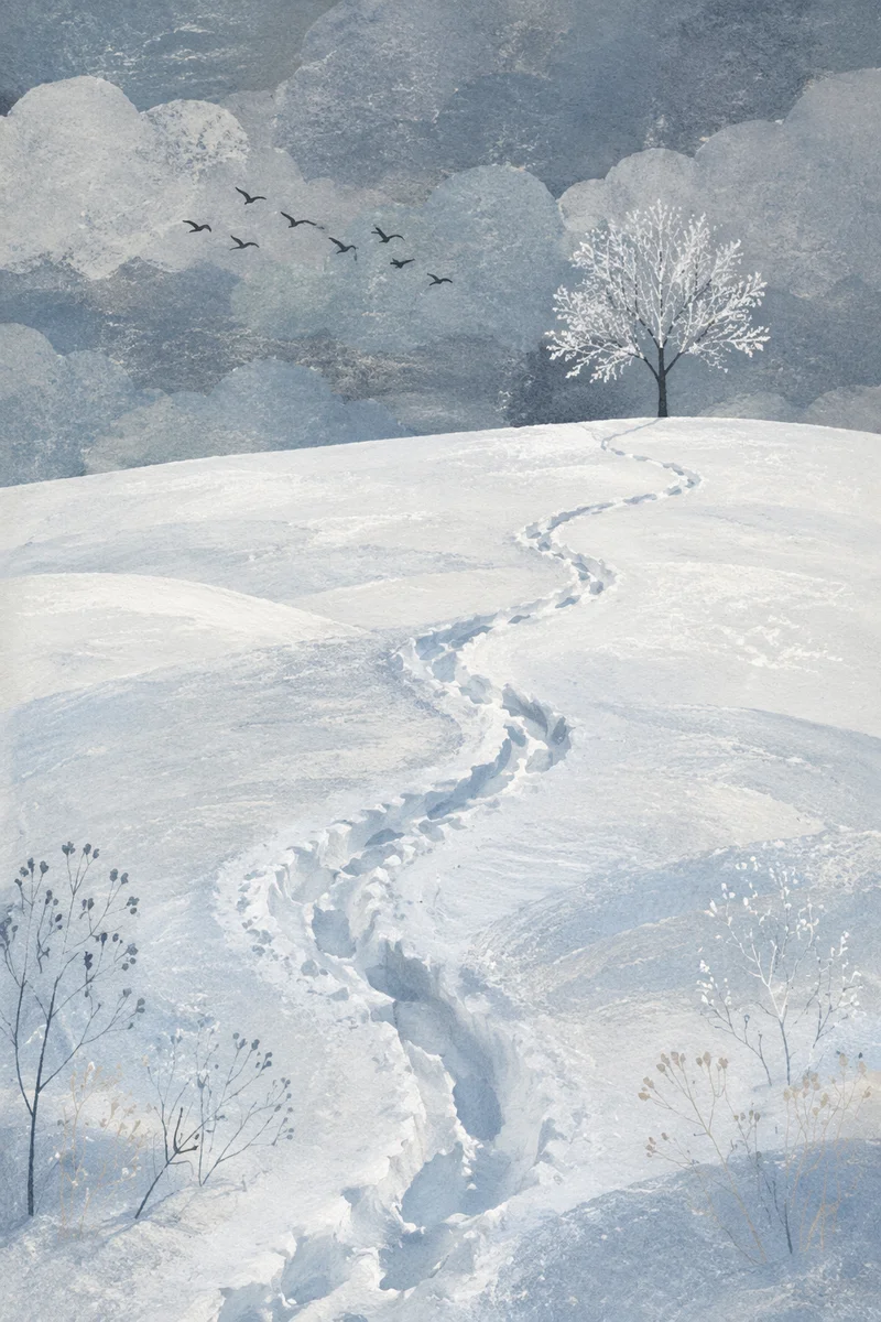 Quiet Snowfield Trail Under Winter Sky