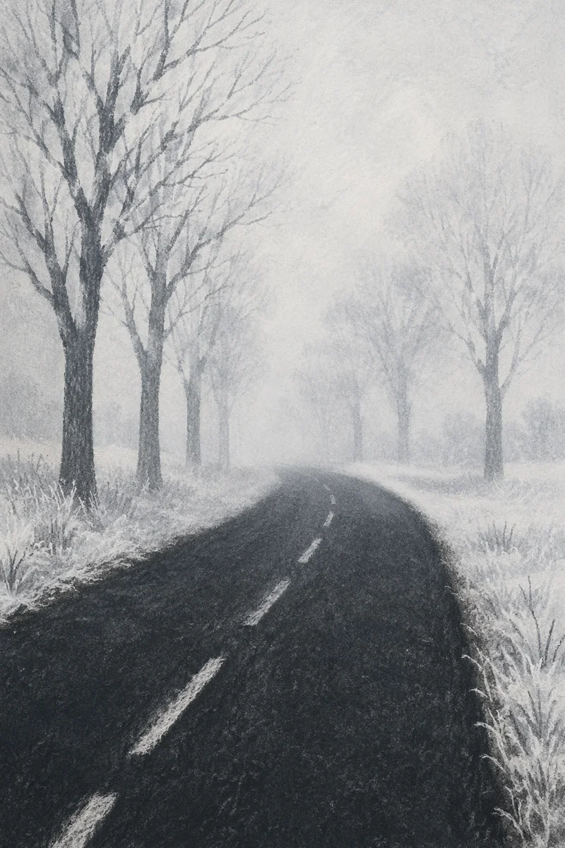 Foggy Winter Road Through Frosted Trees