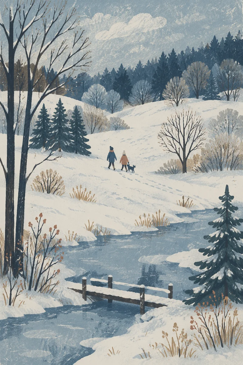 Quiet Snowy Winter Parkland with Footbridge