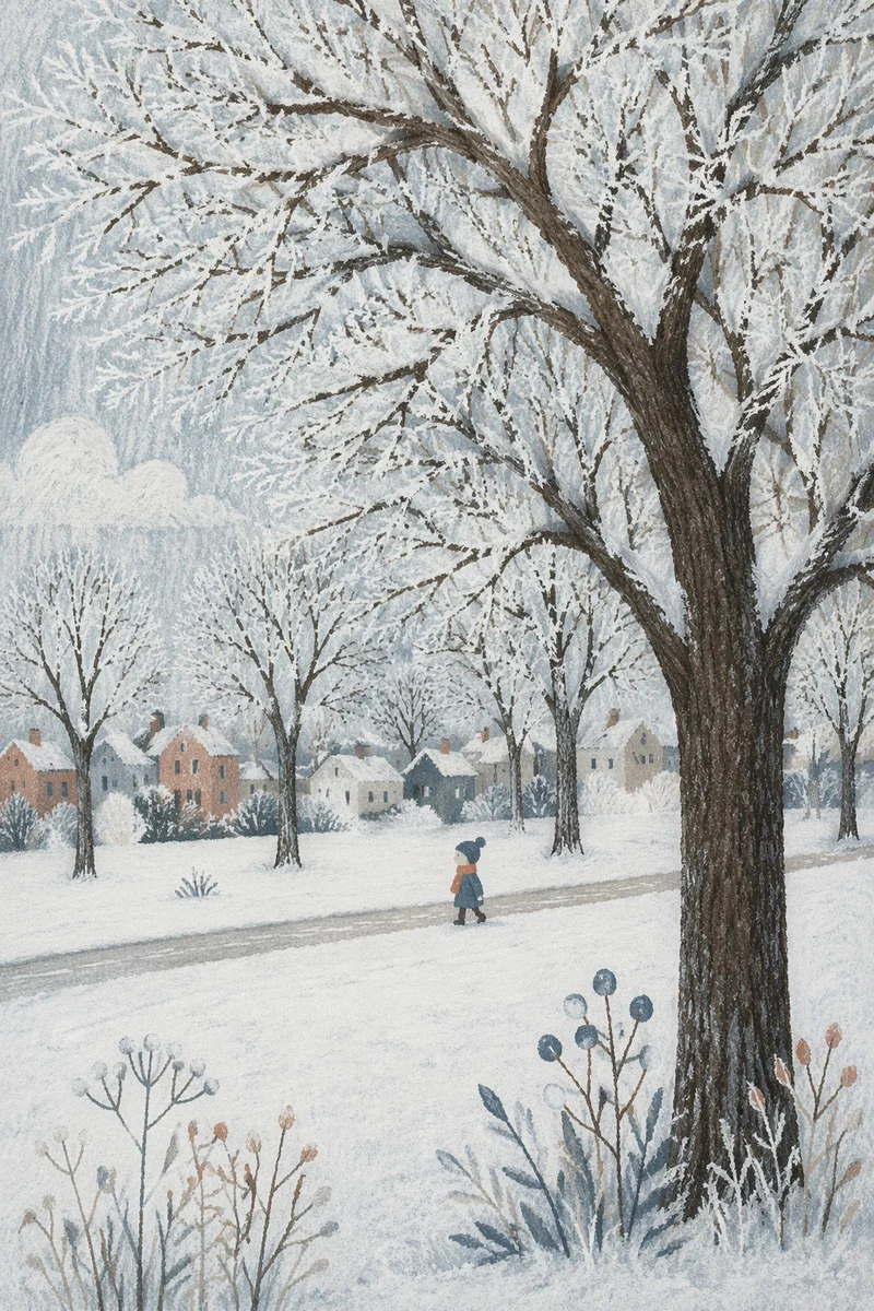 Quiet Snowy Park Under Frosted Trees