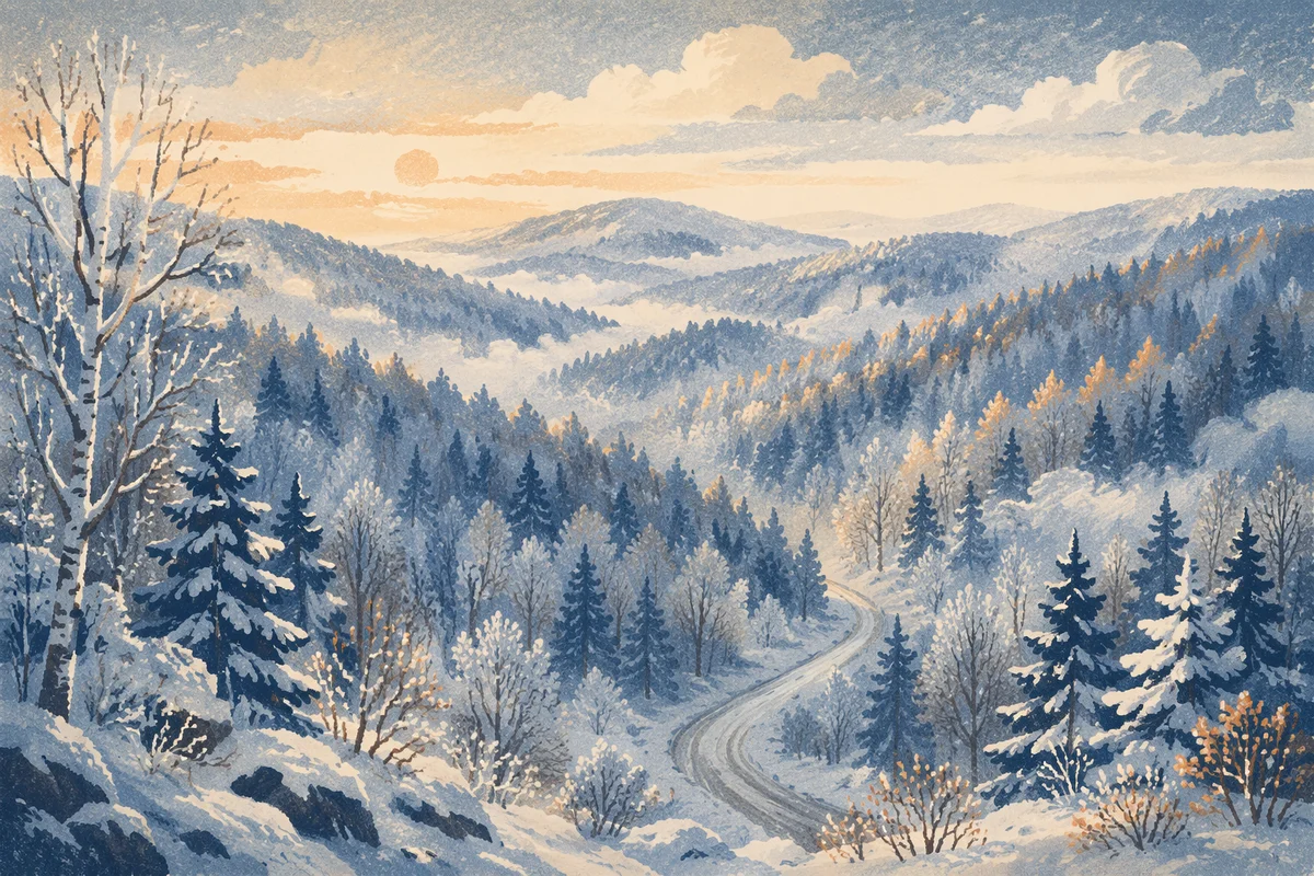 Serene Snowy Forest Hills at Dawn