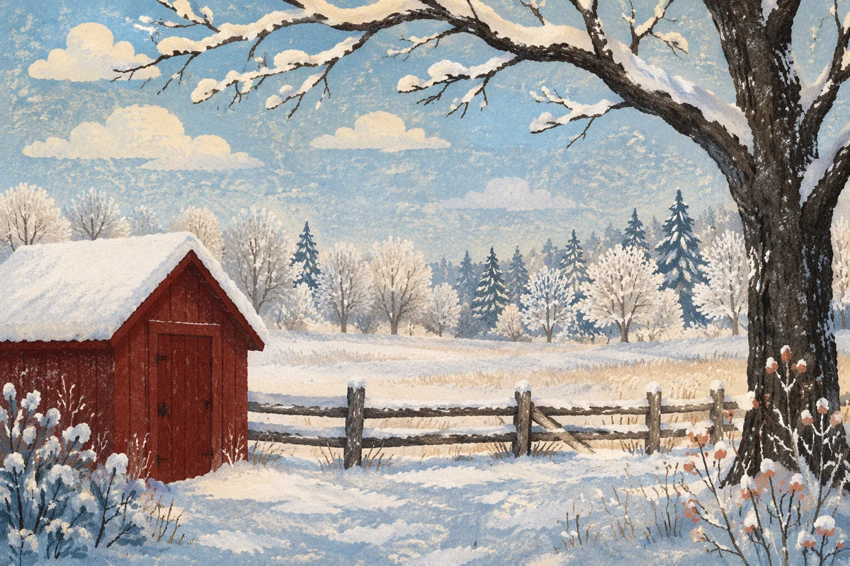 Snowy Winter Countryside with Red Shed