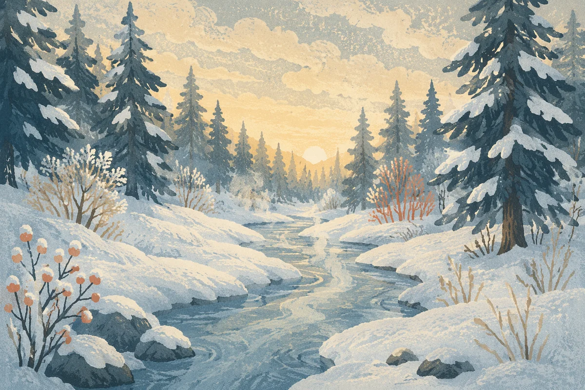 Quiet Snowy Woodland with Frozen Stream