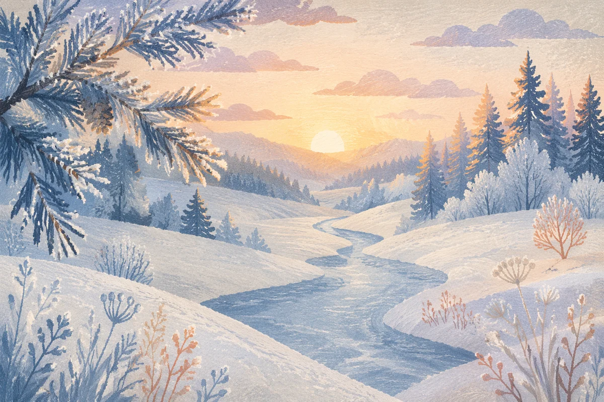 Peaceful Snowy Dawn Over Winter Hills