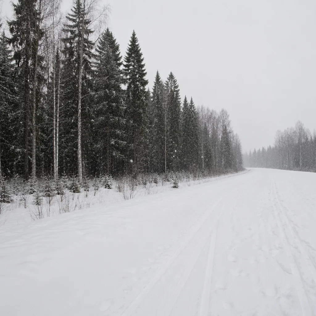 Quiet Snowy Trail Through Winter Forest