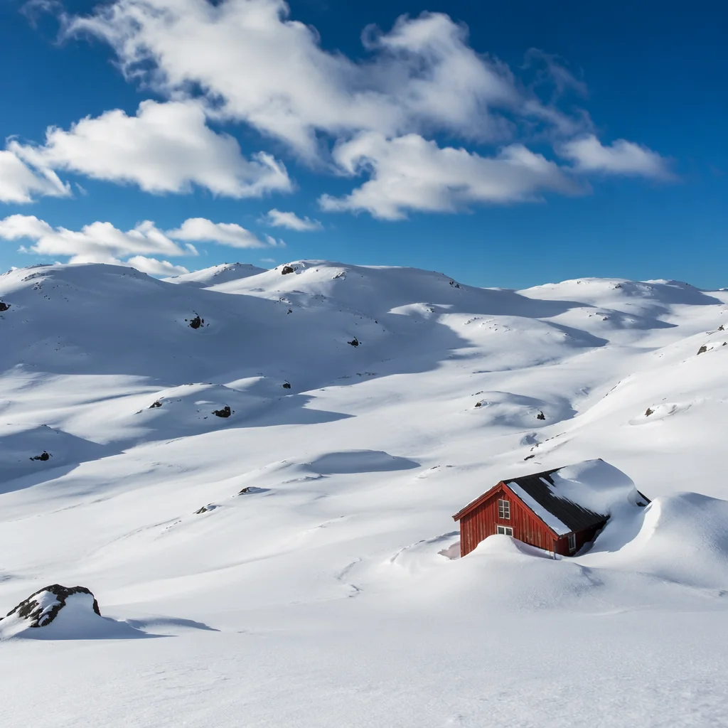 Snowy Hills with Red Winter Cabin