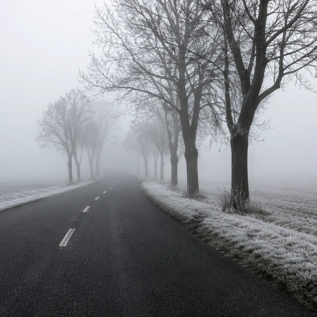 Foggy Winter Road Through Bare Trees