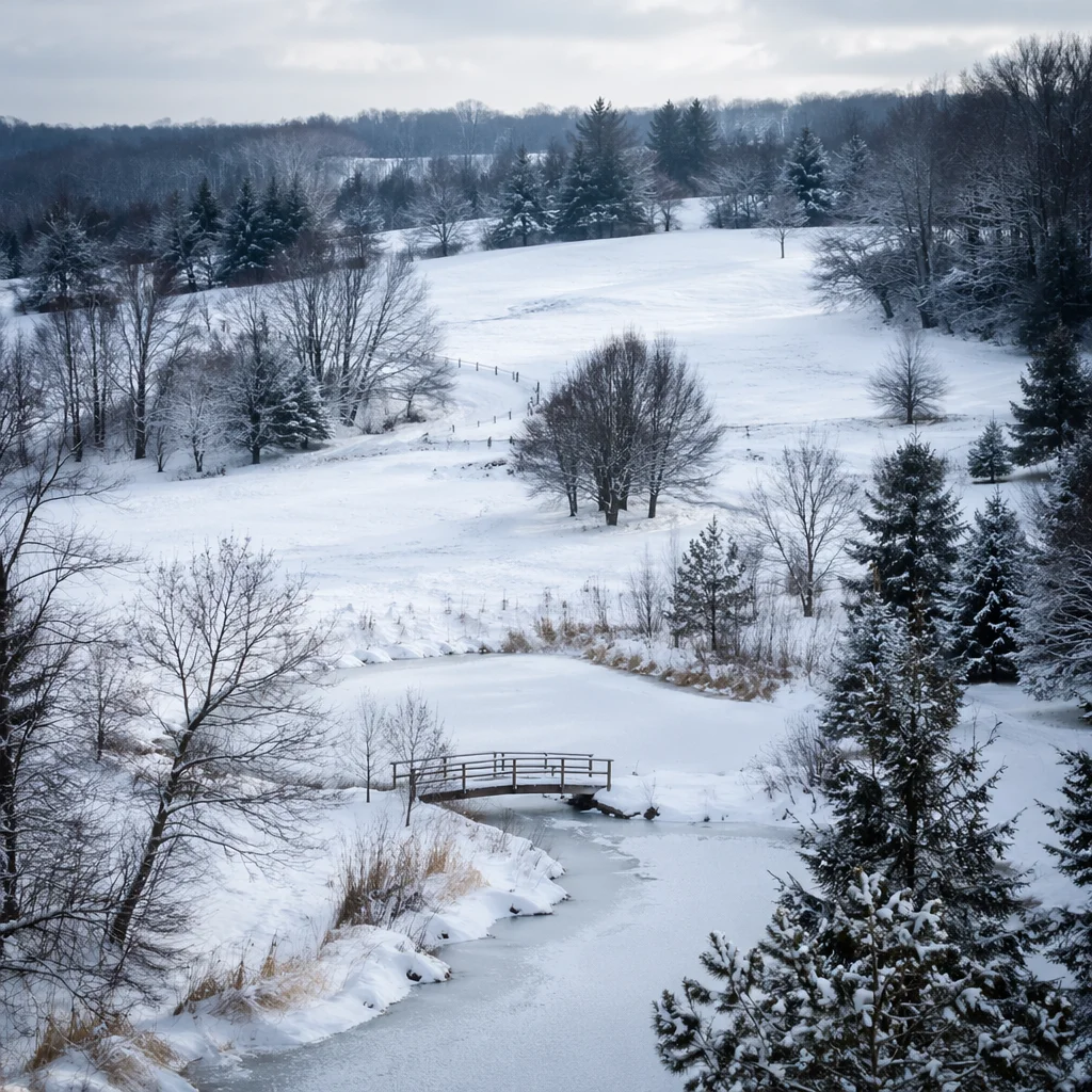 Quiet Snowy Winter Parkland with Footbridge