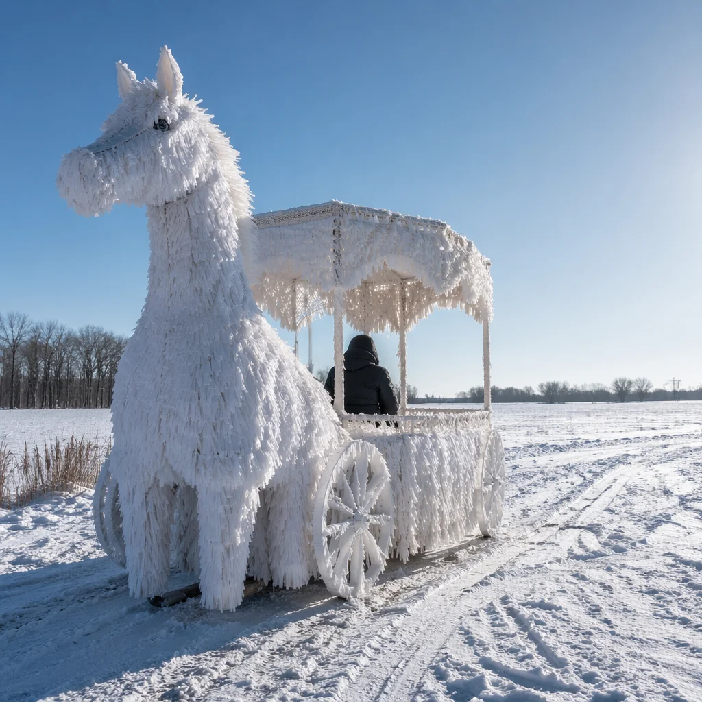 Snowy Winter Field with Whimsical Art Cart