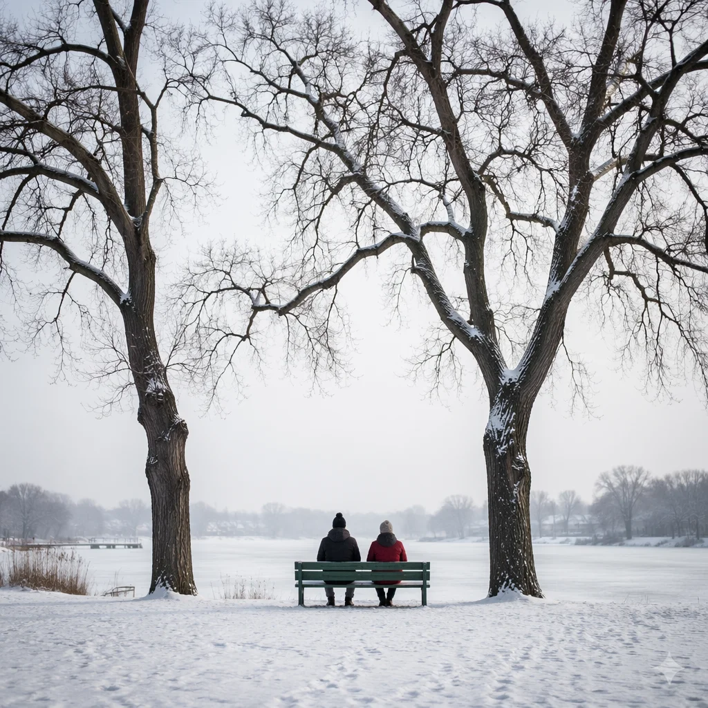 Quiet Snowy Park Bench in Winter