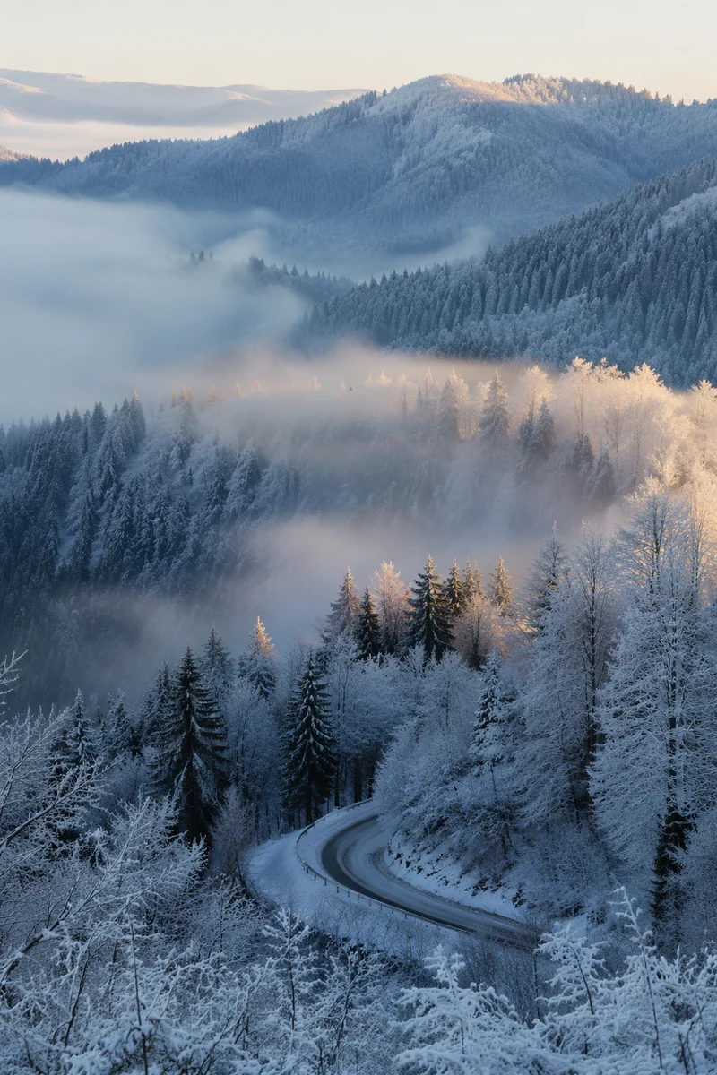 Serene Snowy Forest Hills at Dawn