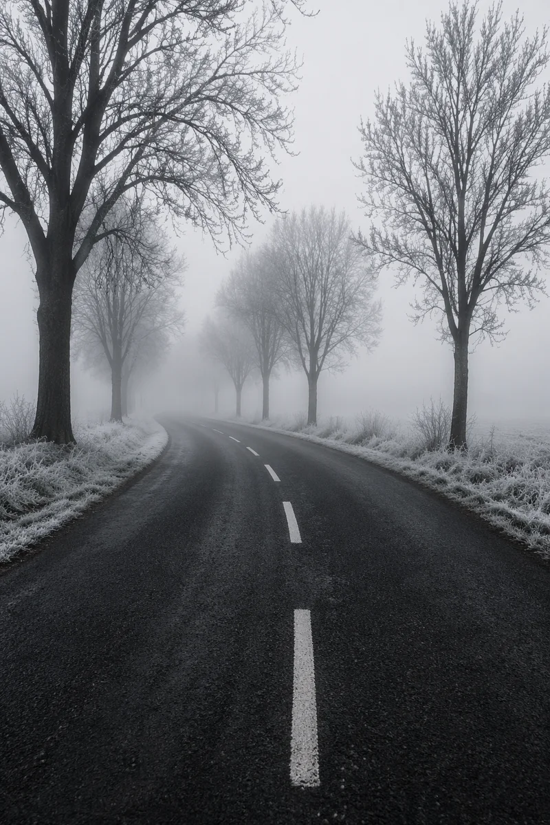 Foggy Winter Road Through Bare Trees