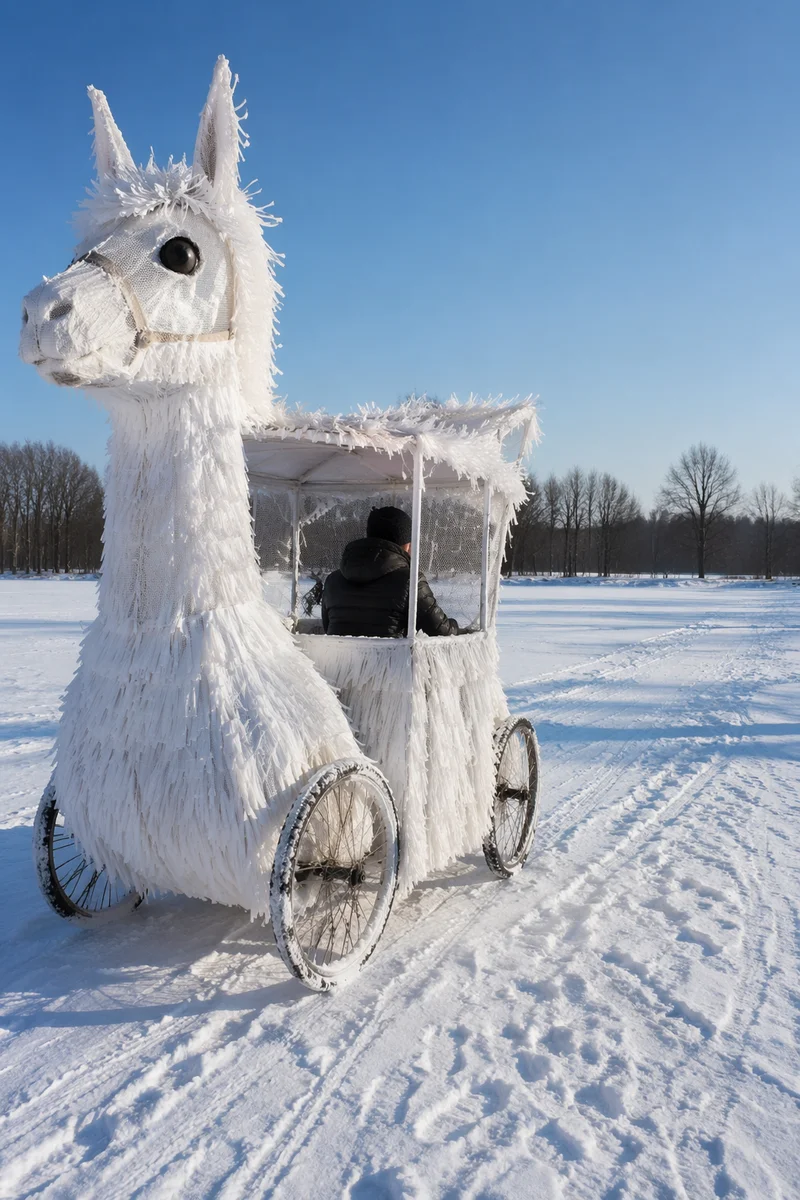 Whimsical Snow Cart in Winter Field