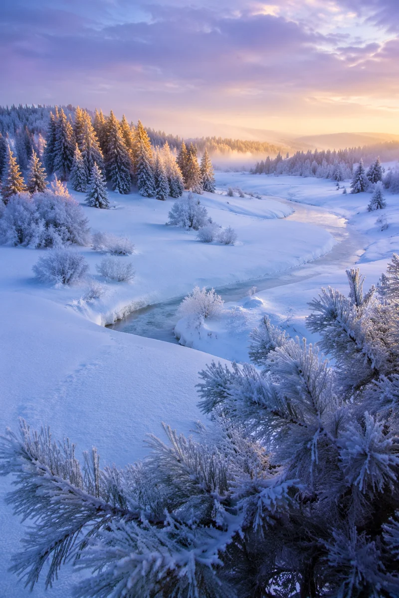 Peaceful Snowy Winter Dawn Landscape