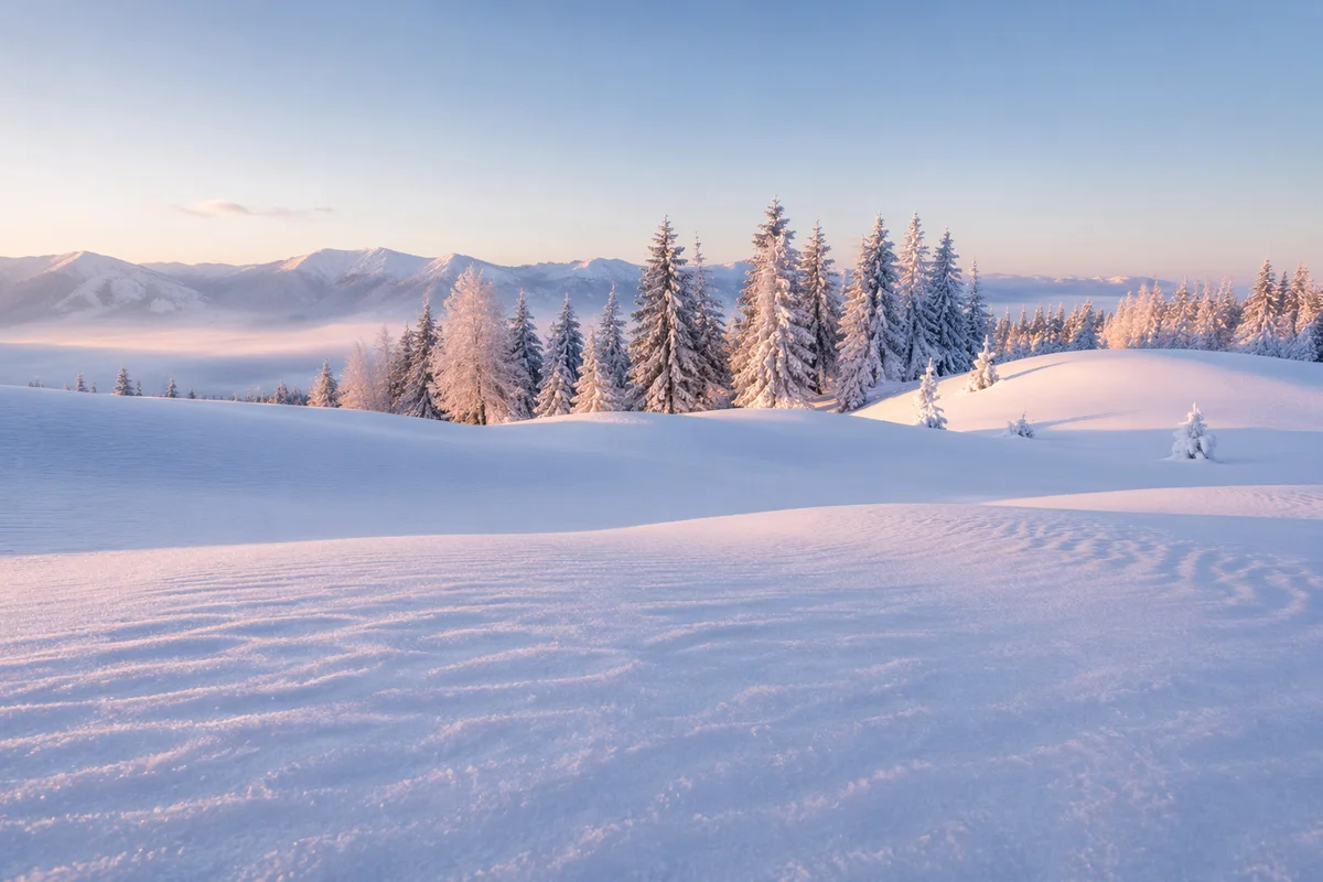 Peaceful Snowy Hills and Frosted Pines