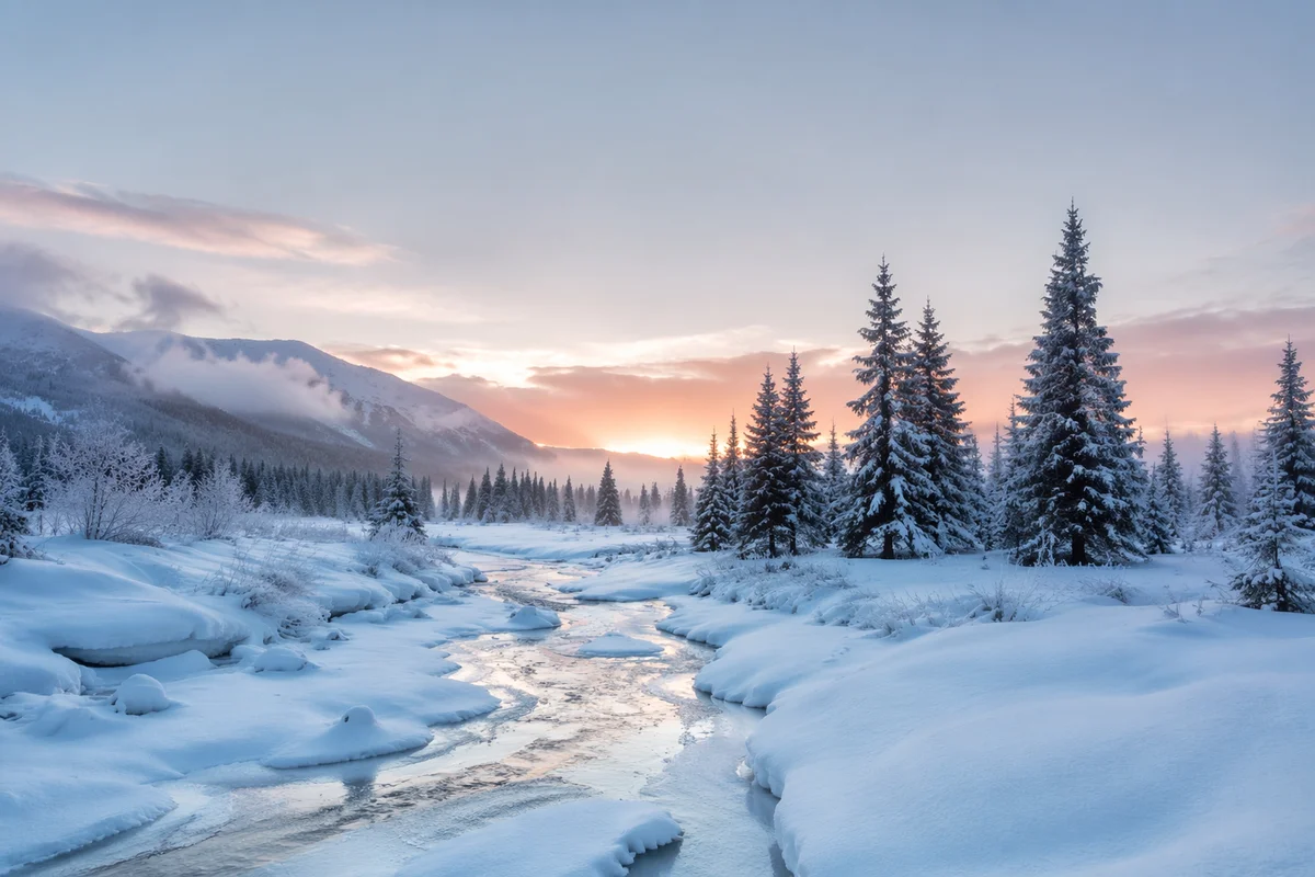 Quiet Snowy Valley at Winter Sunrise