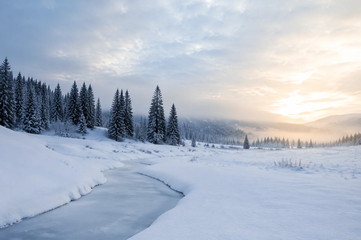 Snowy Winter Landscape with Frozen Stream