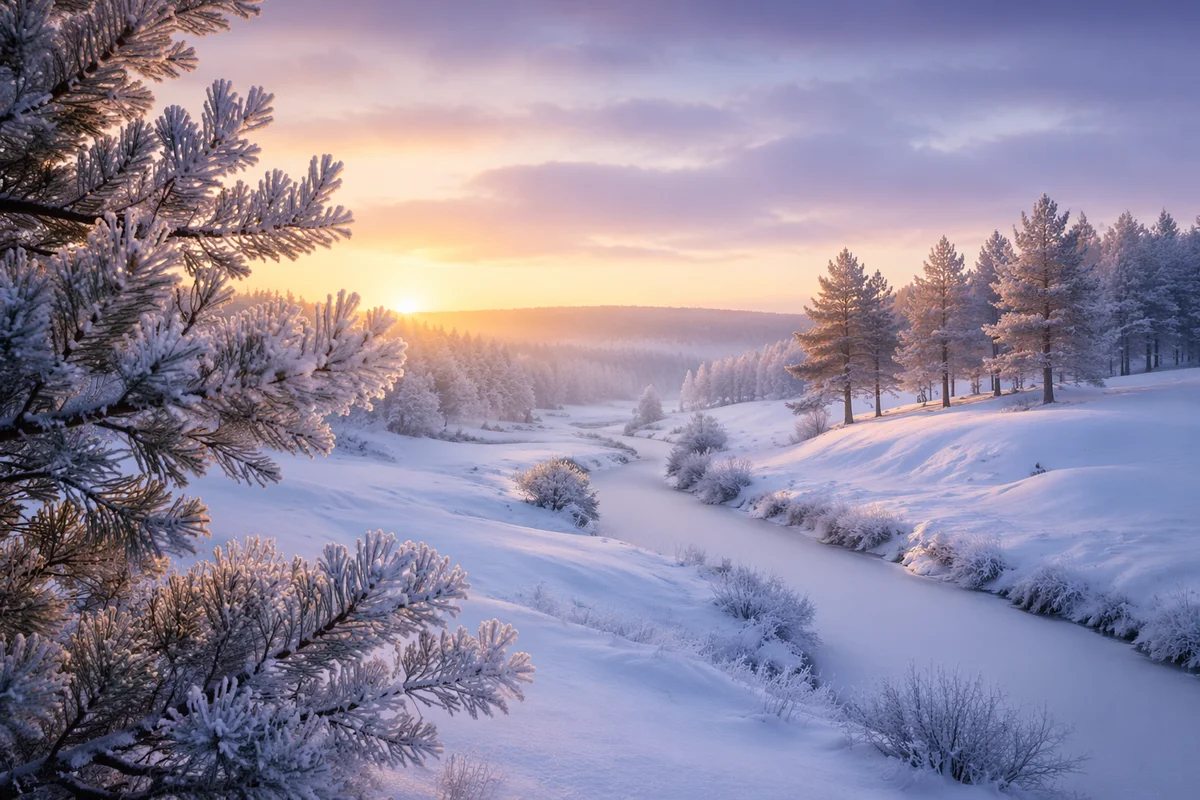 Peaceful Snowy Winter Hills at Dawn
