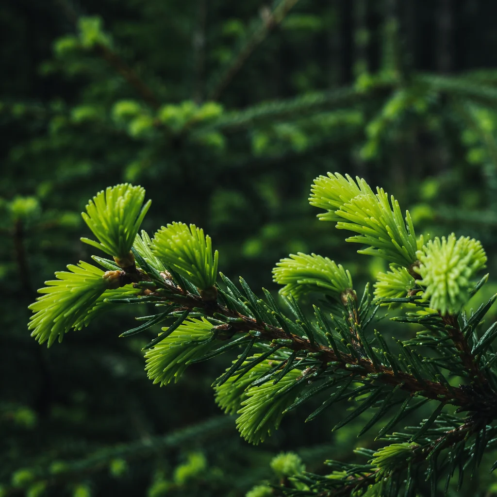 Fresh Spring Spruce Tips in Woodland