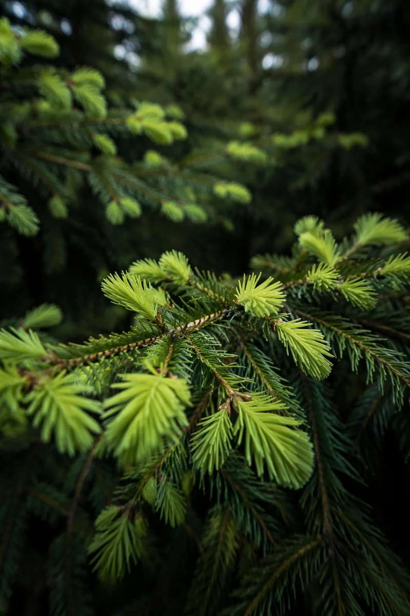 Fresh Spring Spruce Tips in Woodland