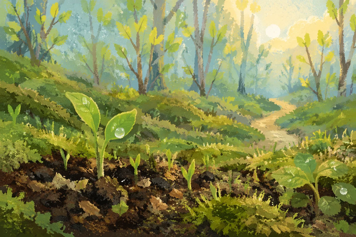 Fresh Spring Shoots in Dewy Woodland Soil