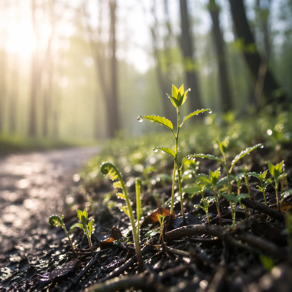 Fresh Spring Shoots on Woodland Path