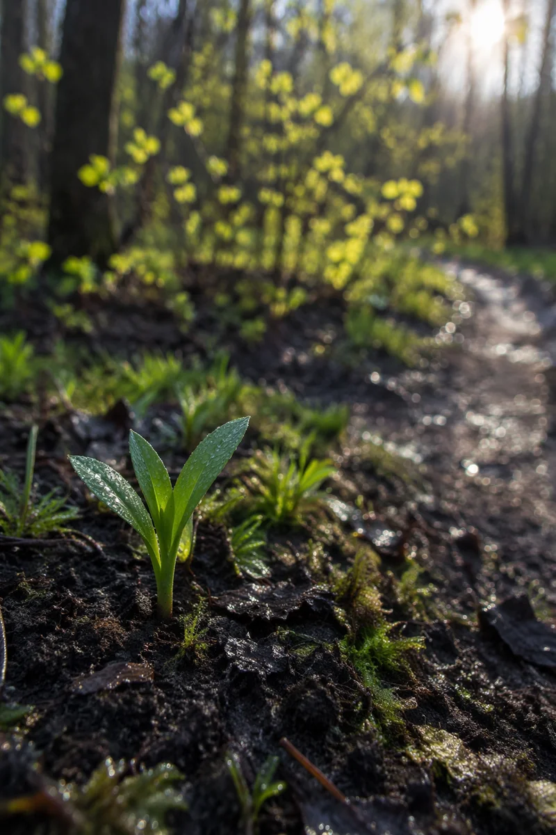 Fresh Spring Shoots in Morning Woodland
