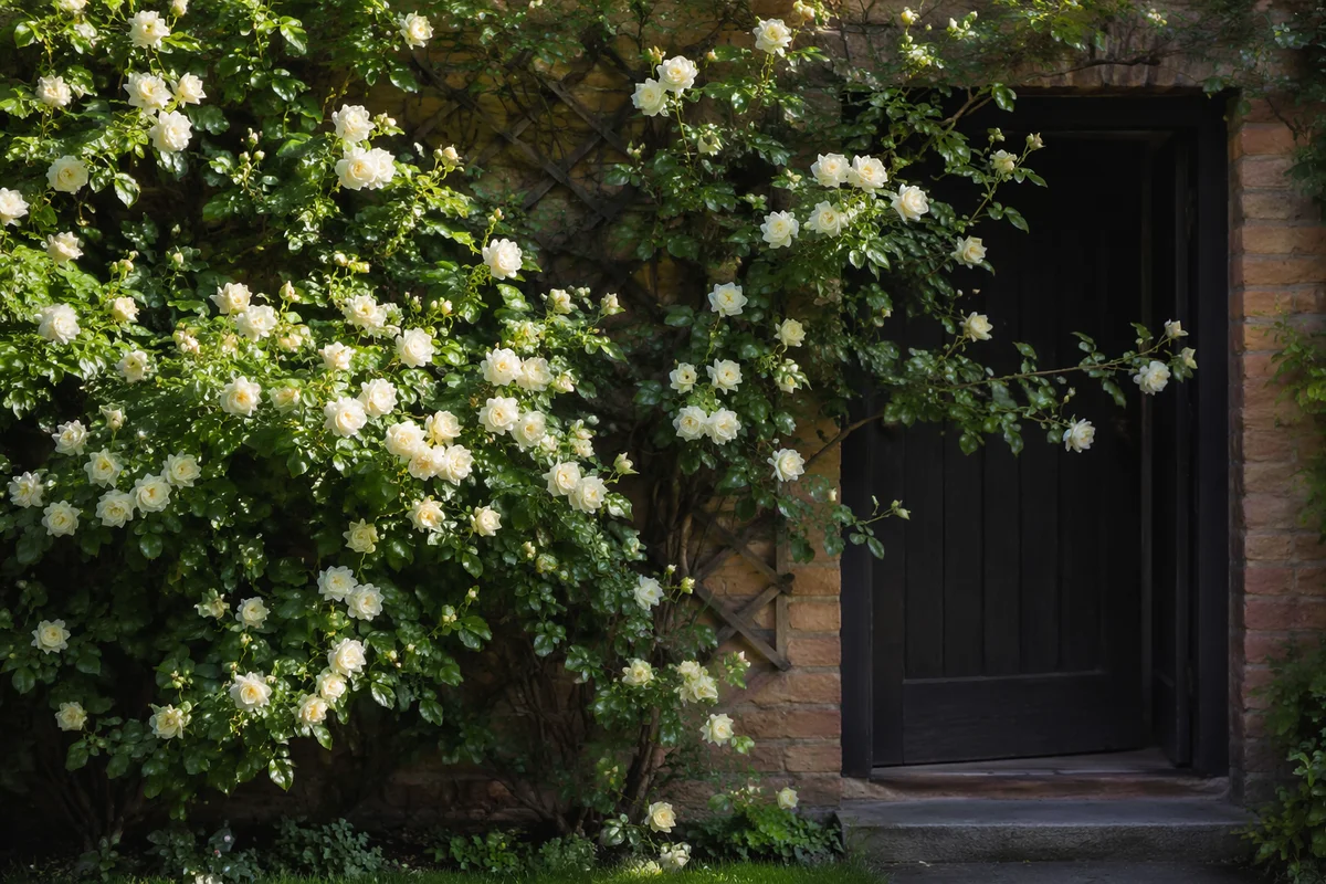 Spring Climbing Roses by Cottage Doorway