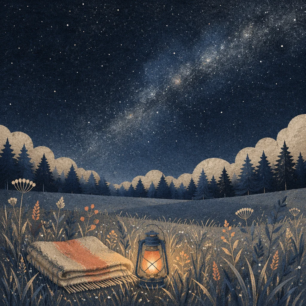 Starry Meadow Night With Lantern Glow