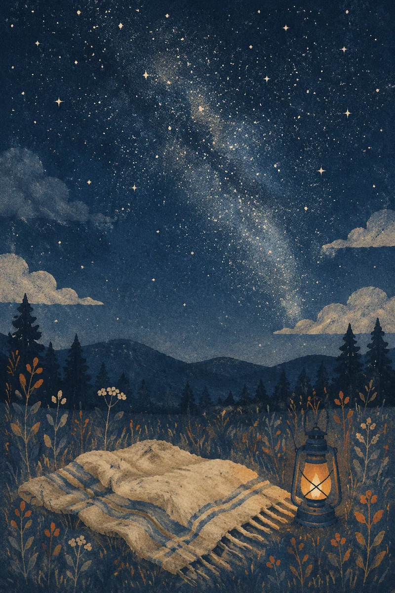Starry Meadow Night with Warm Lantern