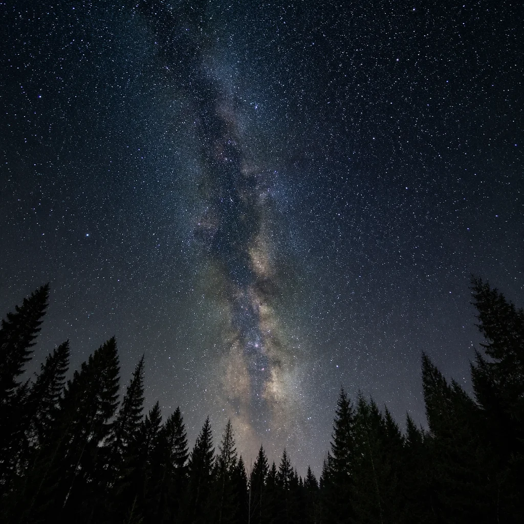 Starry Night Sky Over Evergreen Forest