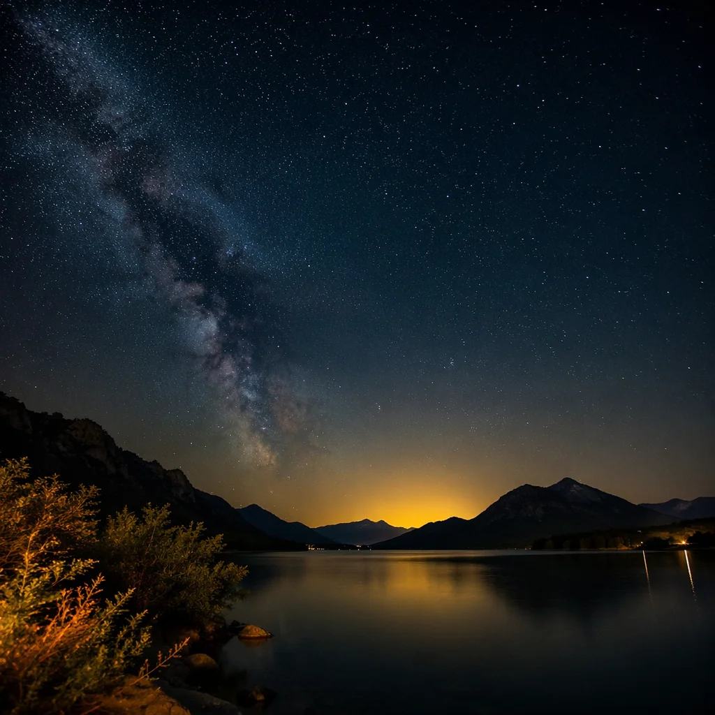 Starry Lakeshore Under Midnight Sky