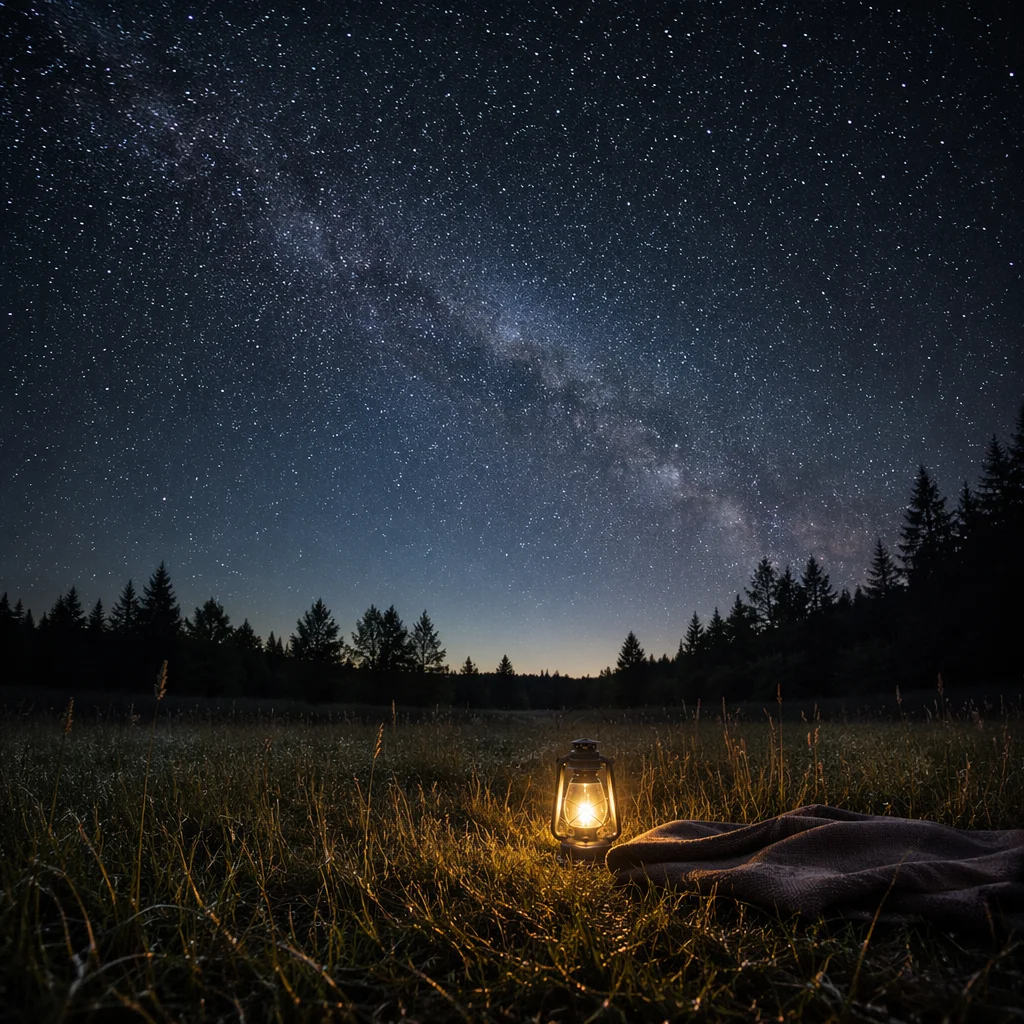 Starry Meadow Night with Gentle Lantern Glow