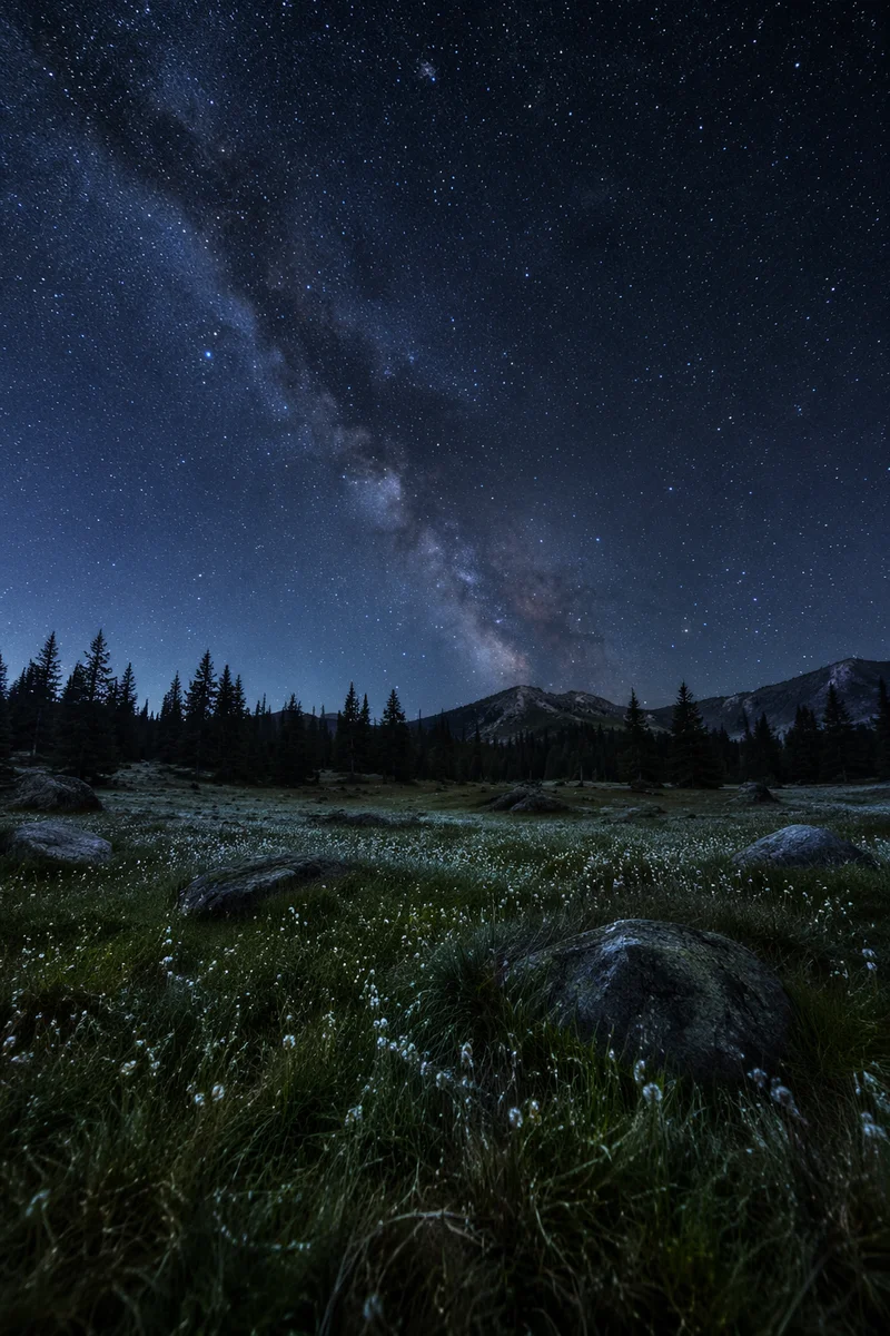Peaceful Starry Night Over Alpine Meadow